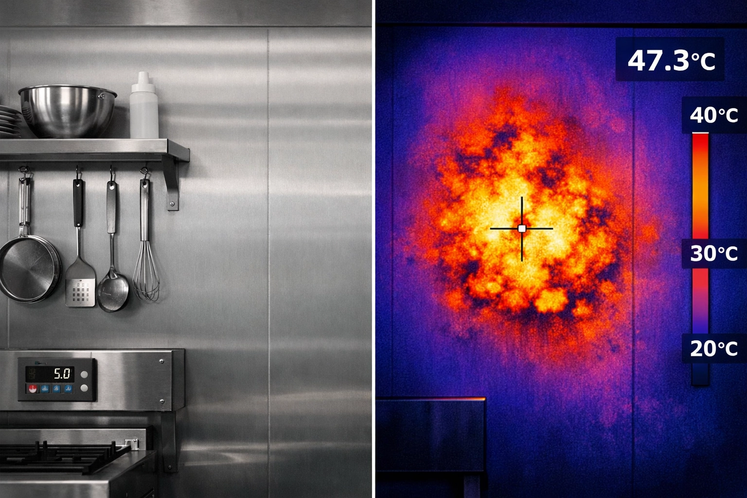 Infrared thermography detecting a hidden pest colony behind a commercial kitchen wall.