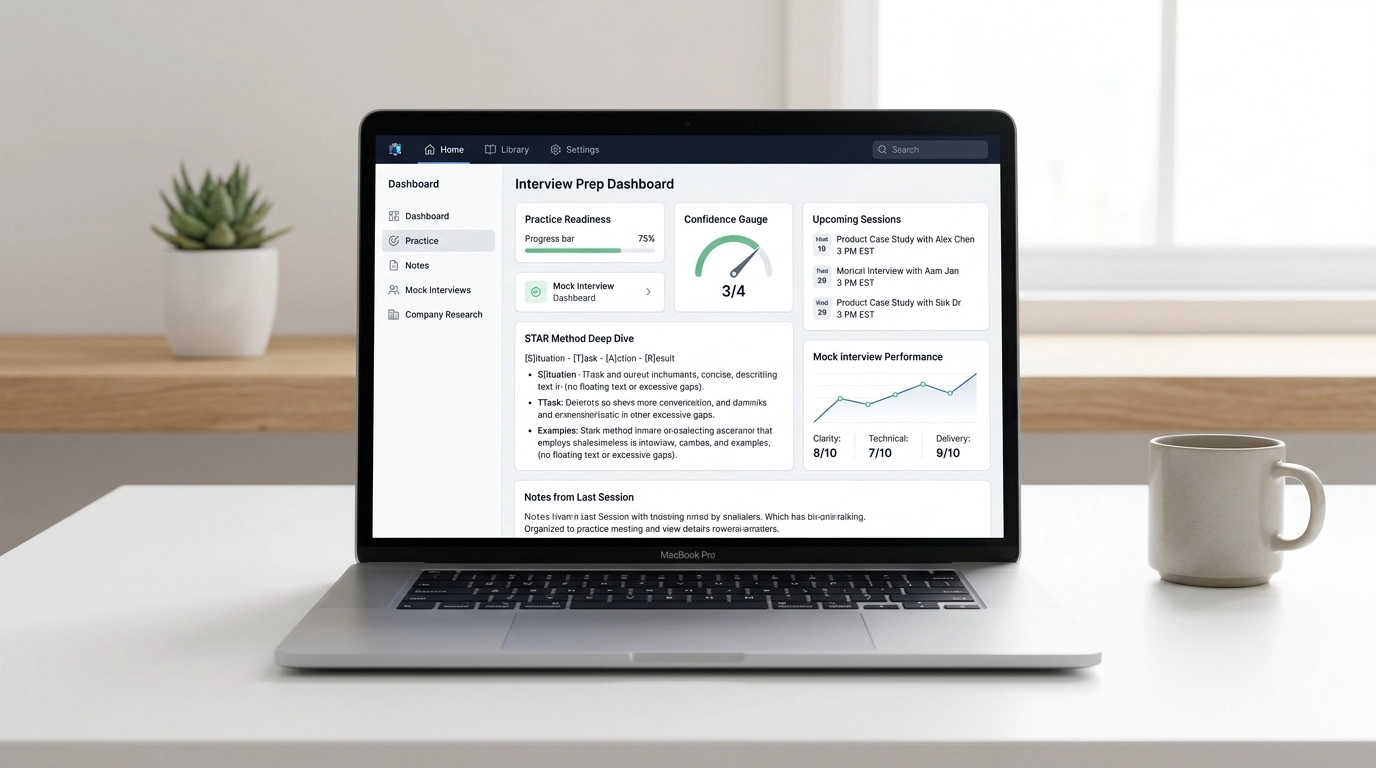 A professional laptop on a desk showing a clean interview prep software interface fully contained within the screen.