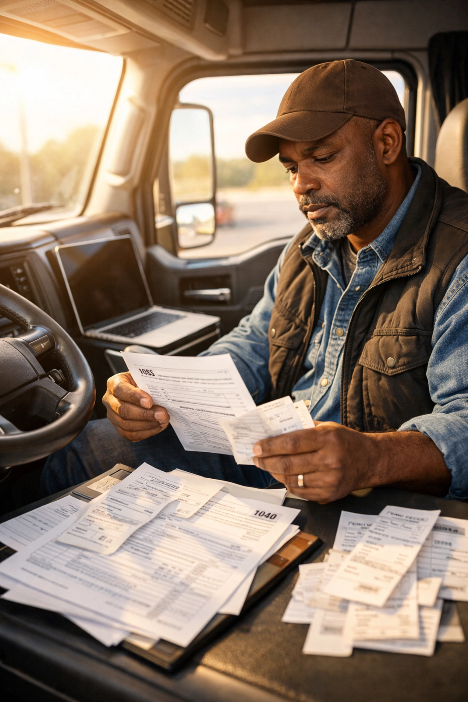 Owner-operator reviewing tax forms and receipts in truck cab for quarterly tax filing