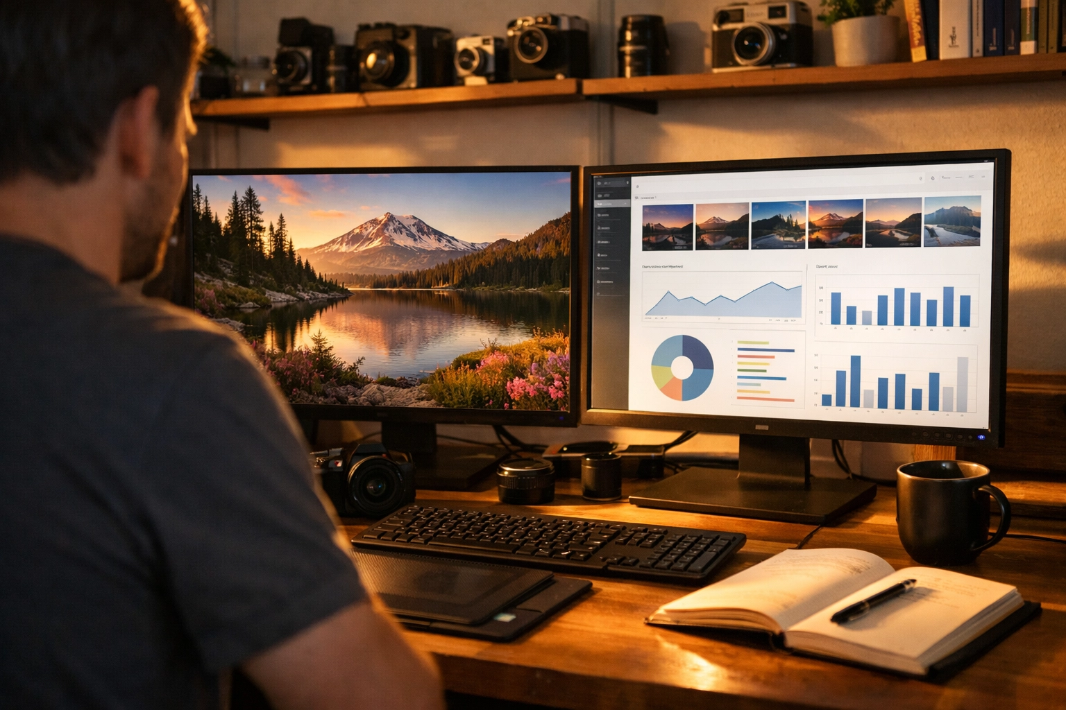 Freelance photographer managing jobs on a dashboard in a professional home studio workspace.