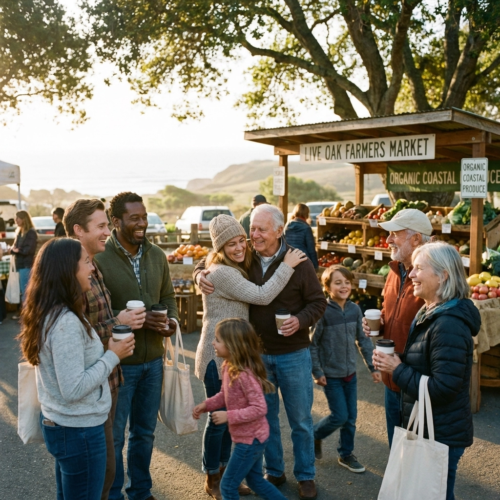 Neighbors chat at a Monterey farmers market, reflecting the inclusive community vibe of the Central Coast.