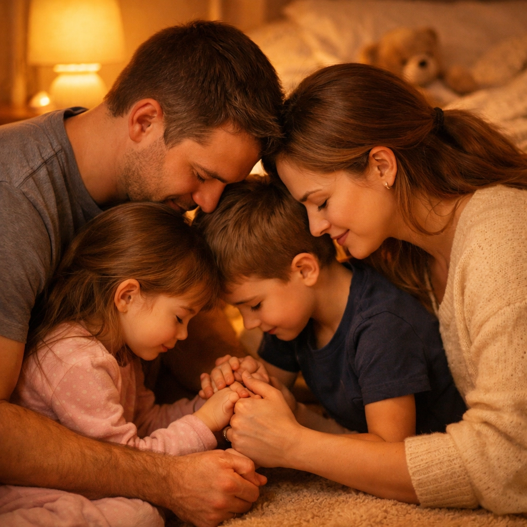 Family gathered in circle for bedtime prayer creating consistent faith routine together