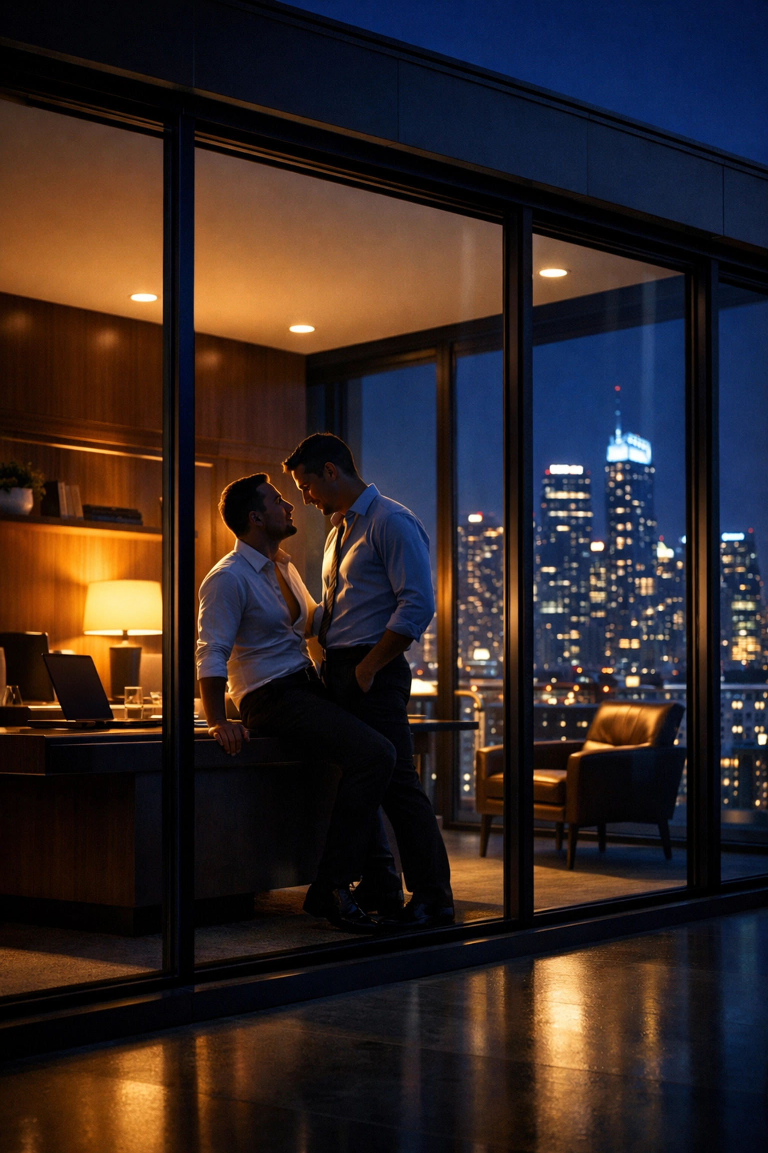Workplace romance scene with two men in modern office after hours - popular gay romance novel setting