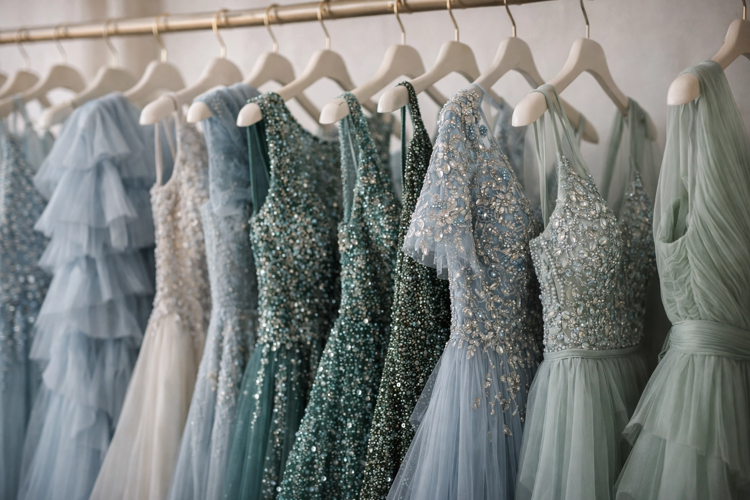 Stunning blue and green prom dresses hanging on a rail with beautiful fabrics and detailing in our boutique.