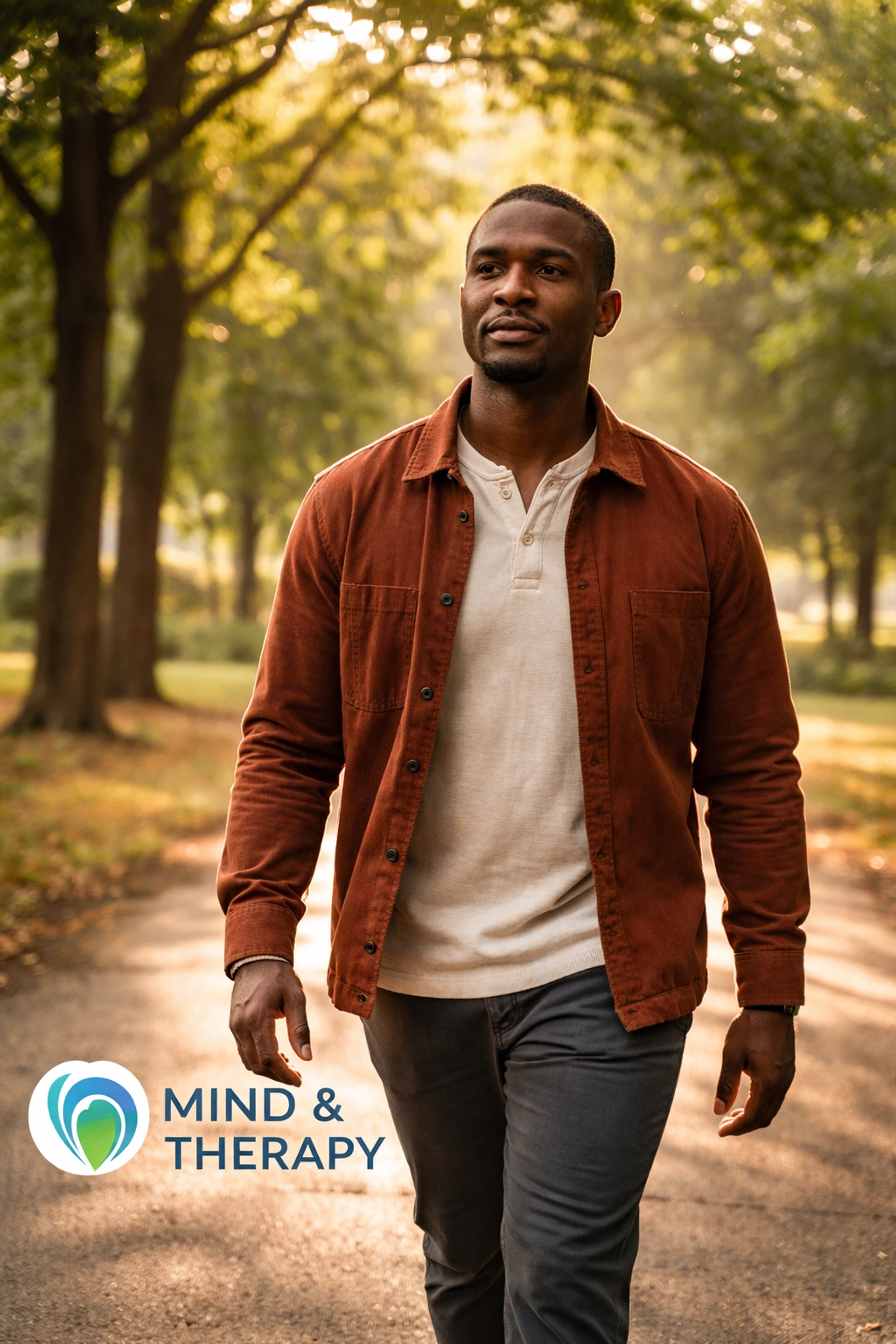 Black man in his 40s walking confidently in a park at sunrise, representing new beginnings and personal growth after trauma