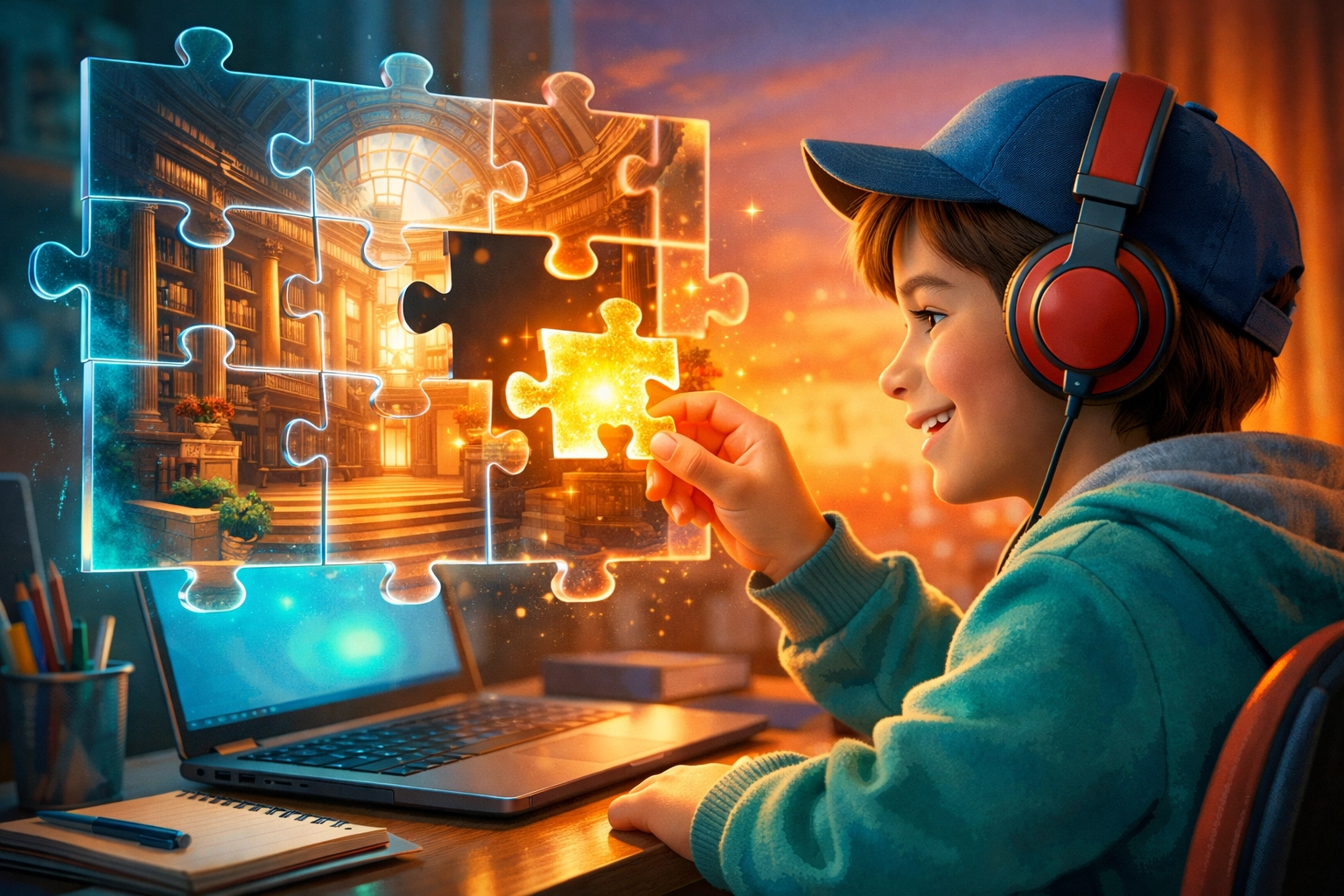 A child smiling during 11 plus exam prep, solving a glowing digital library puzzle on a laptop.