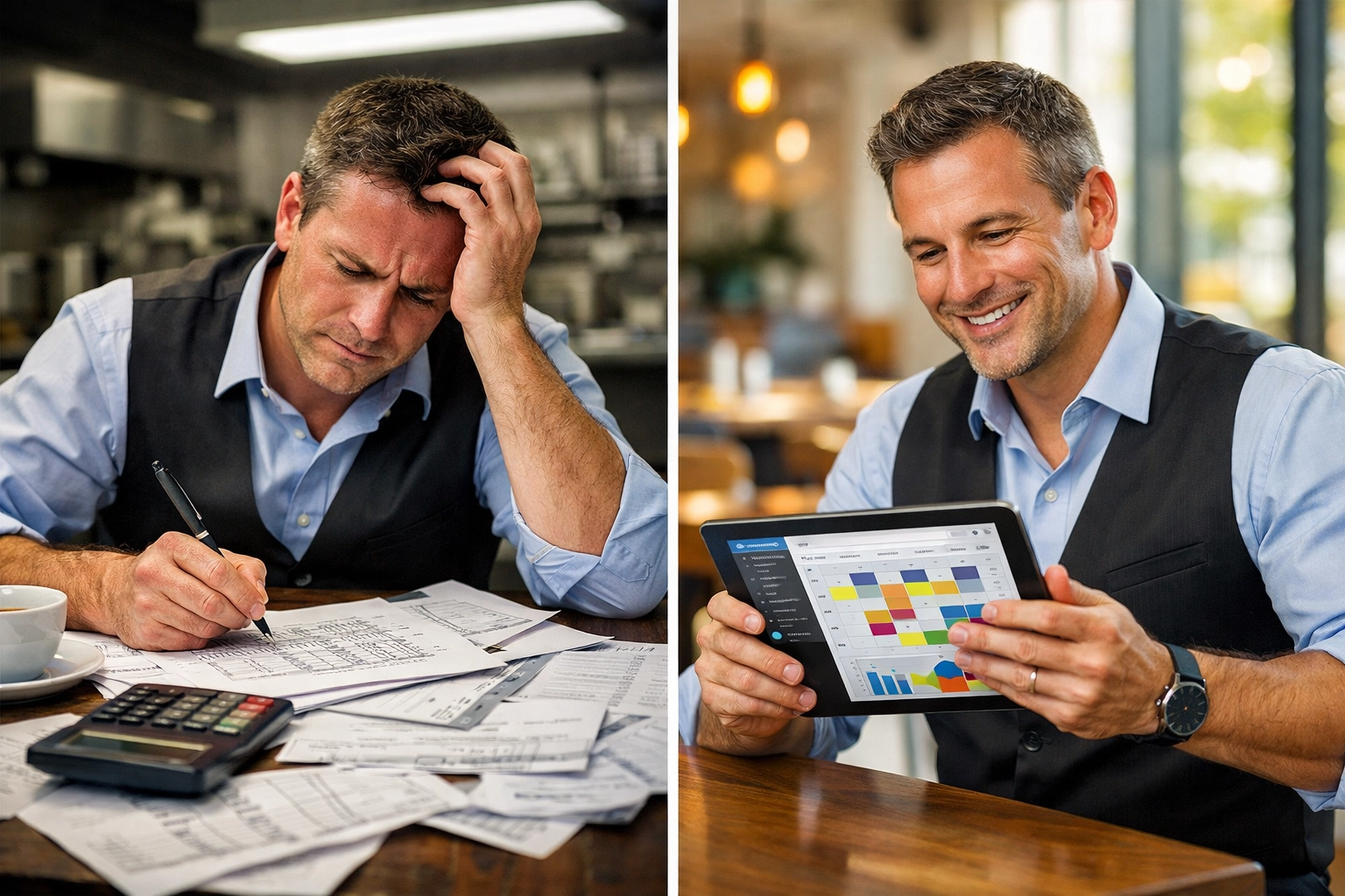 Restaurant manager using digital scheduling software versus manual paper schedules