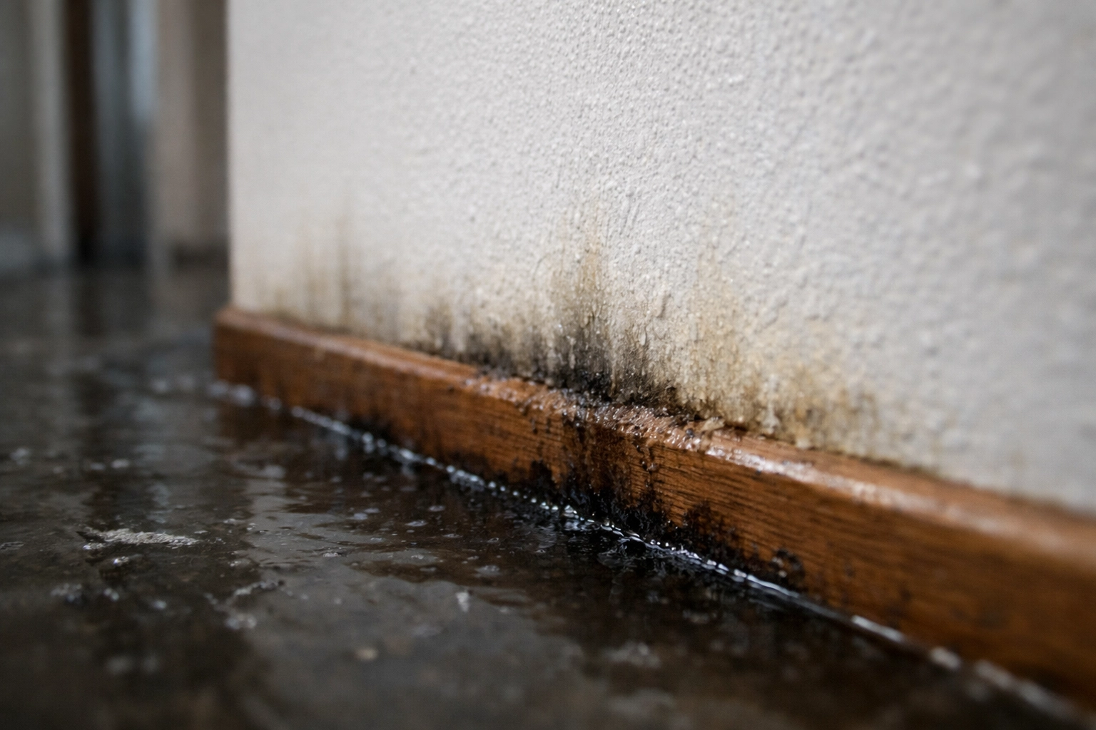 Sewage water soaking into drywall and baseboards, highlighting the need for sewage cleanup tuscaloosa al.