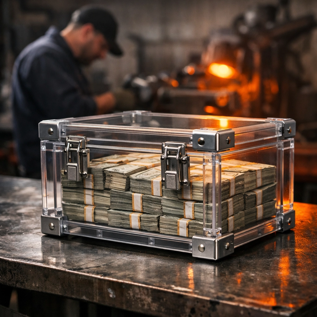 A secure box of cash on a workshop bench representing a financial moat and liquidity for tradespeople.