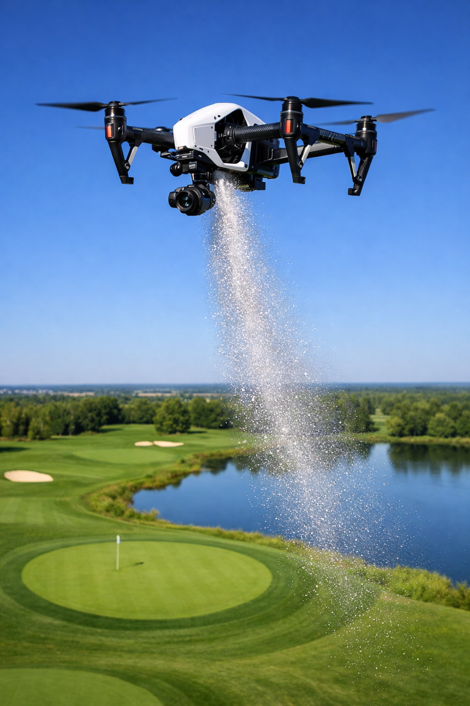 Professional drone performing a dignified ash scattering service over a scenic golf course green.