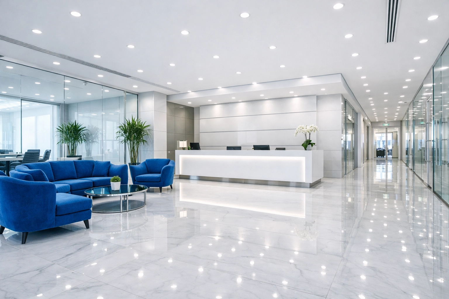 A spotless corporate reception lobby with polished marble floors cleaned by professional office cleaning services.