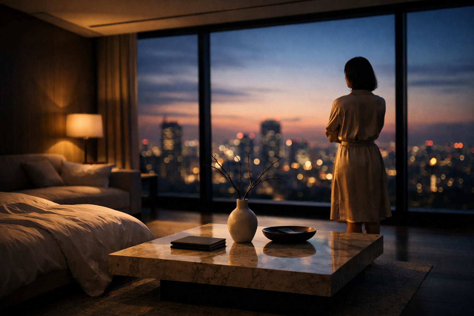 A guest enjoying the luxury of silence in a minimalist hotel suite with a beautiful city skyline view.