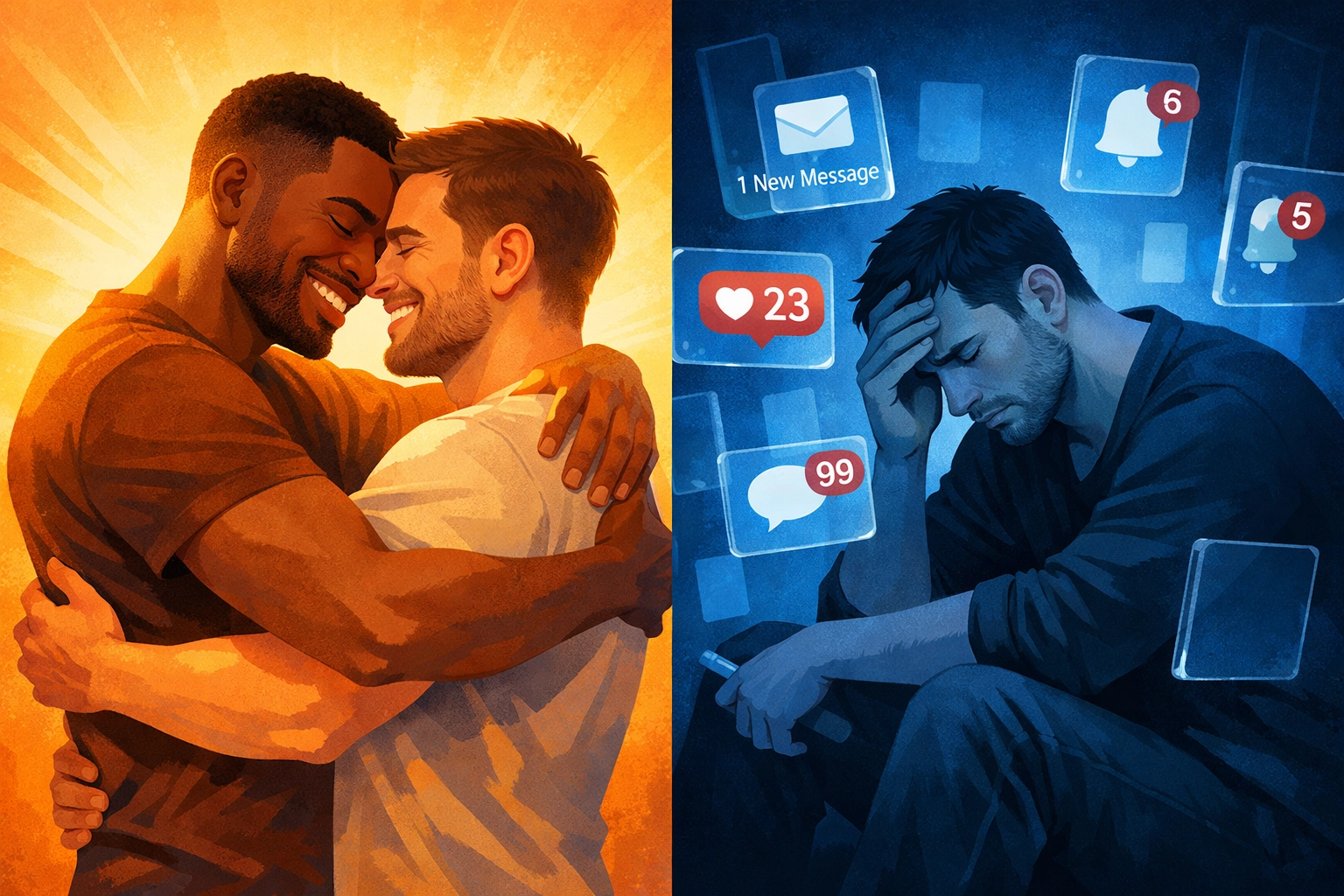 Split image contrasting gay couple connection with solitary man surrounded by dating apps showing compulsion