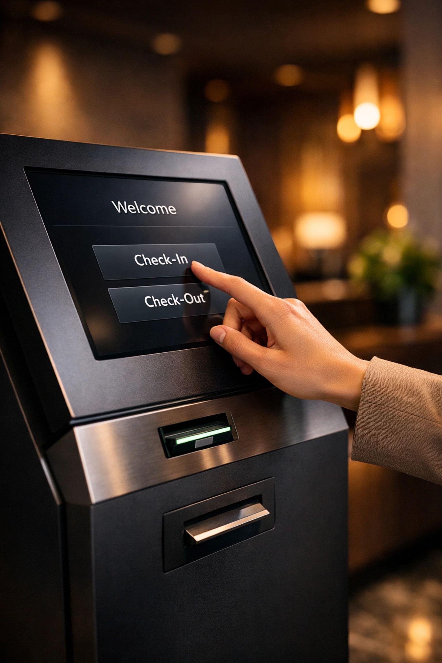 Close-up of a guest using a self-check-in kiosk for automated and efficient hotel arrivals.