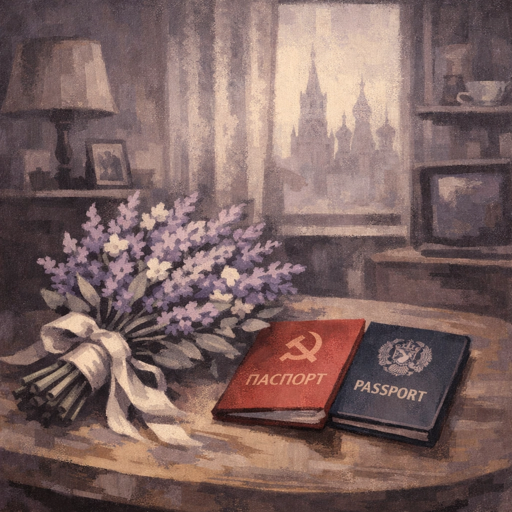 Lavender marriage symbols: wedding bouquet and passports representing fictitious marriages in Soviet Russia