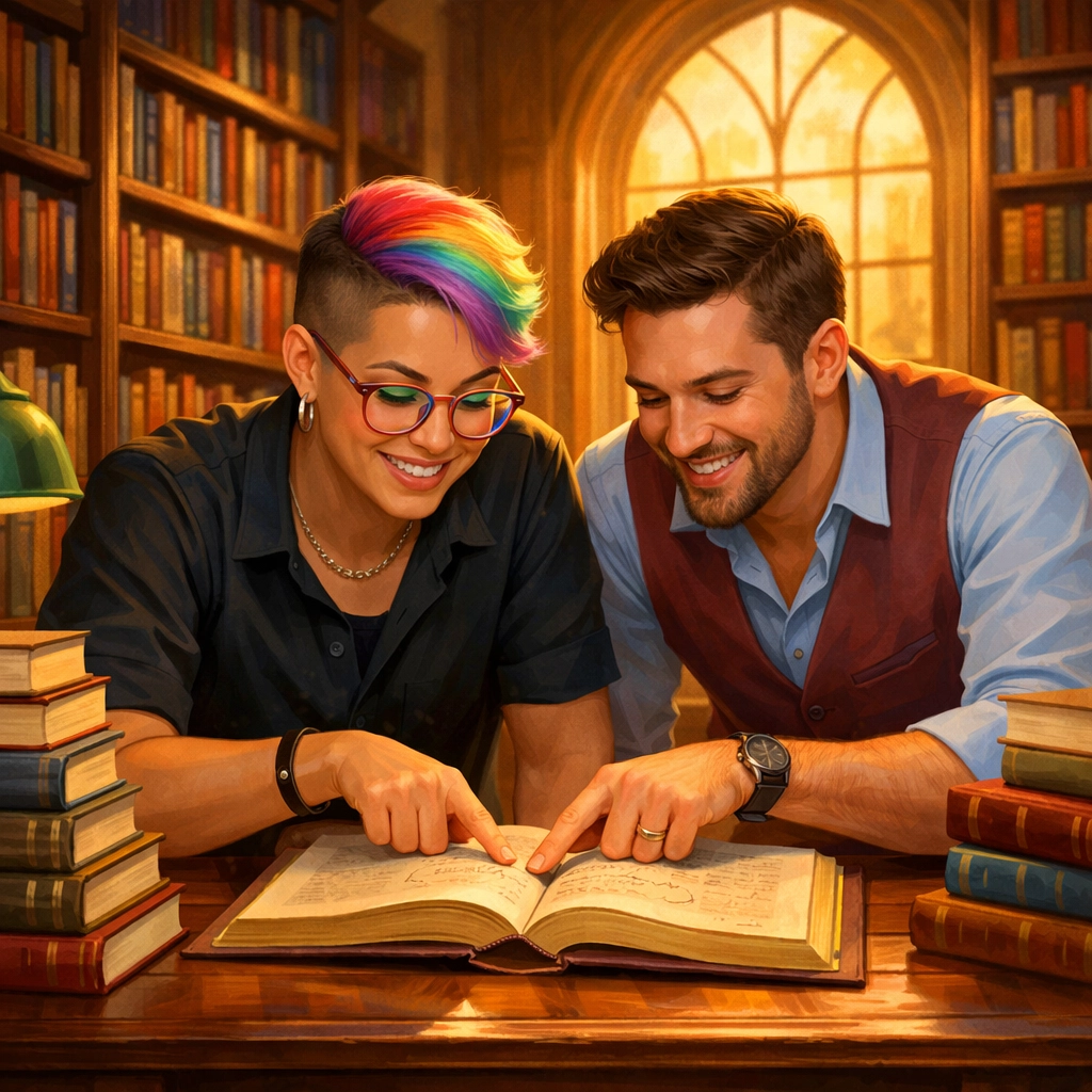 Two LGBTQ+ academics collaborating in a library, integrating queer education into their professional research.
