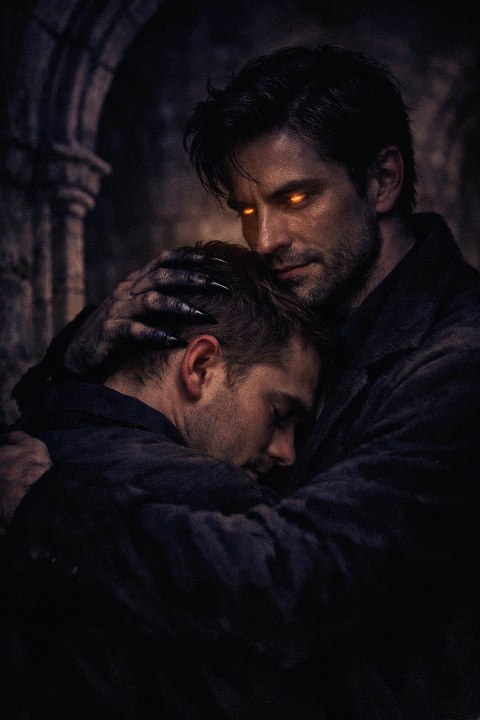 A man and a supernatural monster embrace in a Gothic hall, a theme often explored in modern LGBTQ+ books.