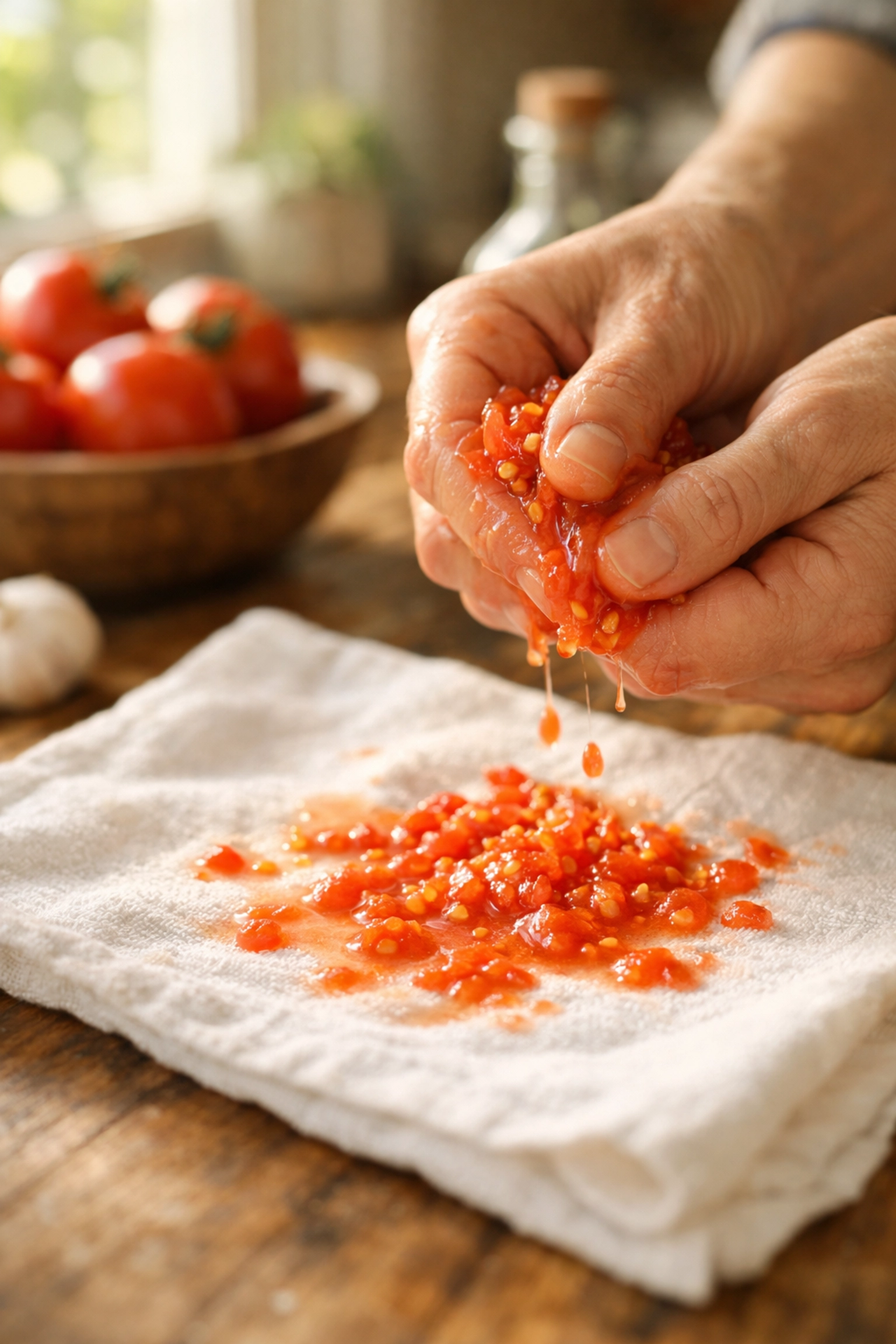 Extracting heirloom tomato seeds onto a kitchen towel for simple seed saving method