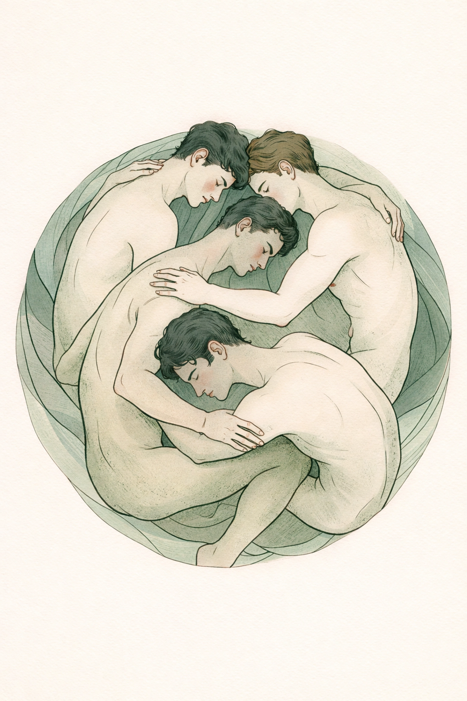 Four men in interconnected embrace symbolizing unity and surrender in MM group romance