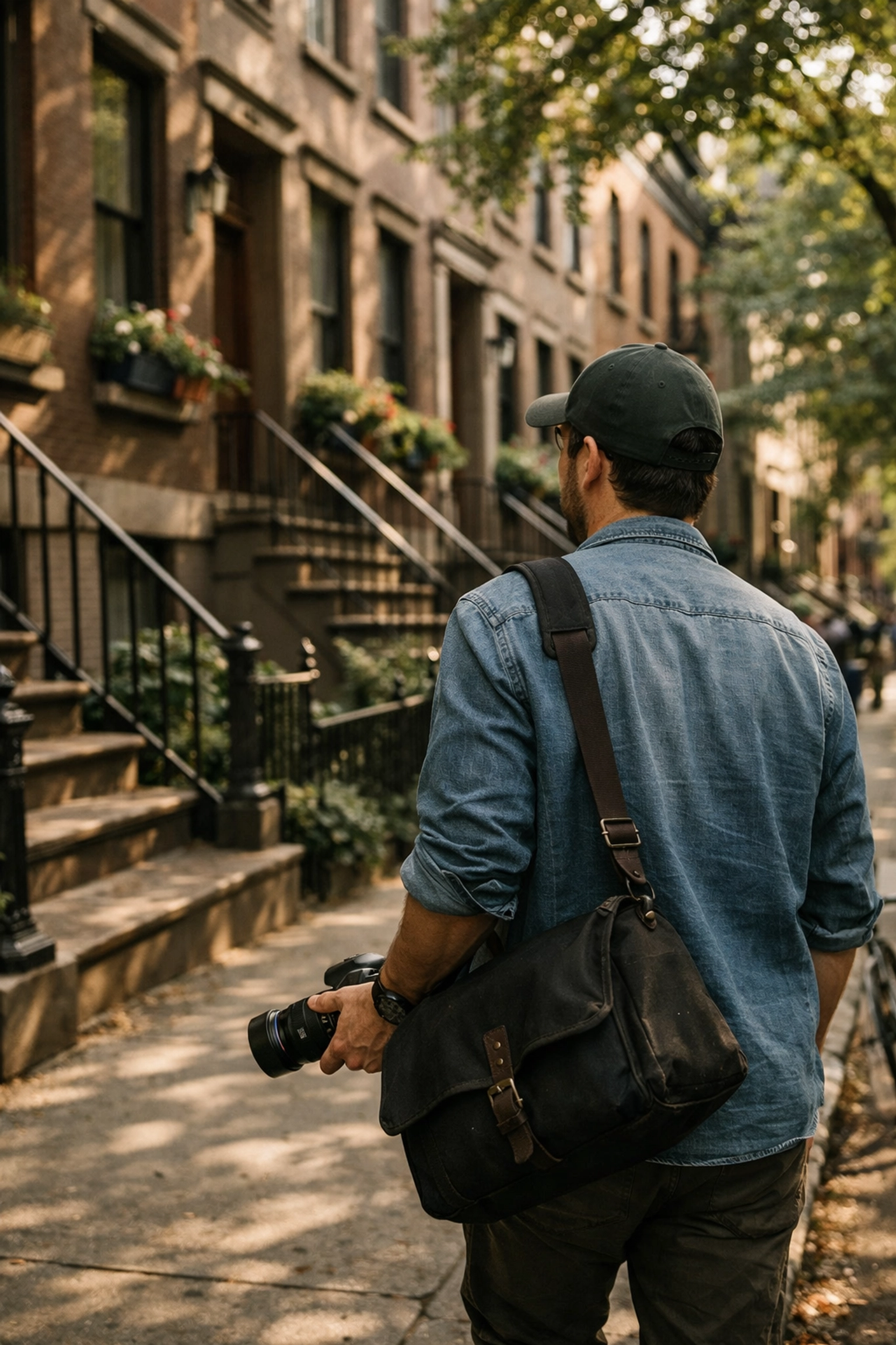 Street photography in the West Village showing historic brownstones and scenic tree-lined NYC photo spots.