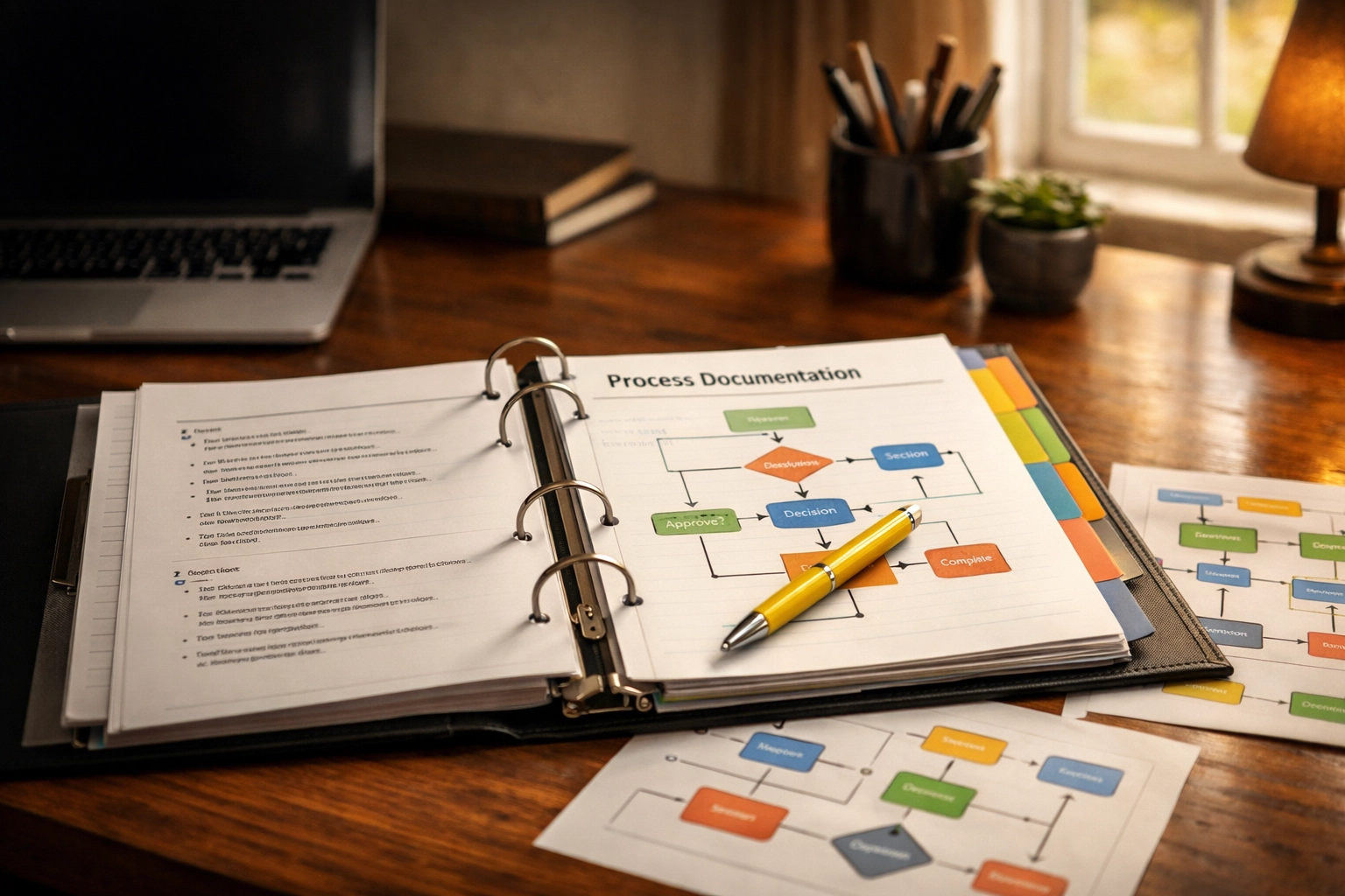 Business process documentation binder with organized operational procedures for MSP