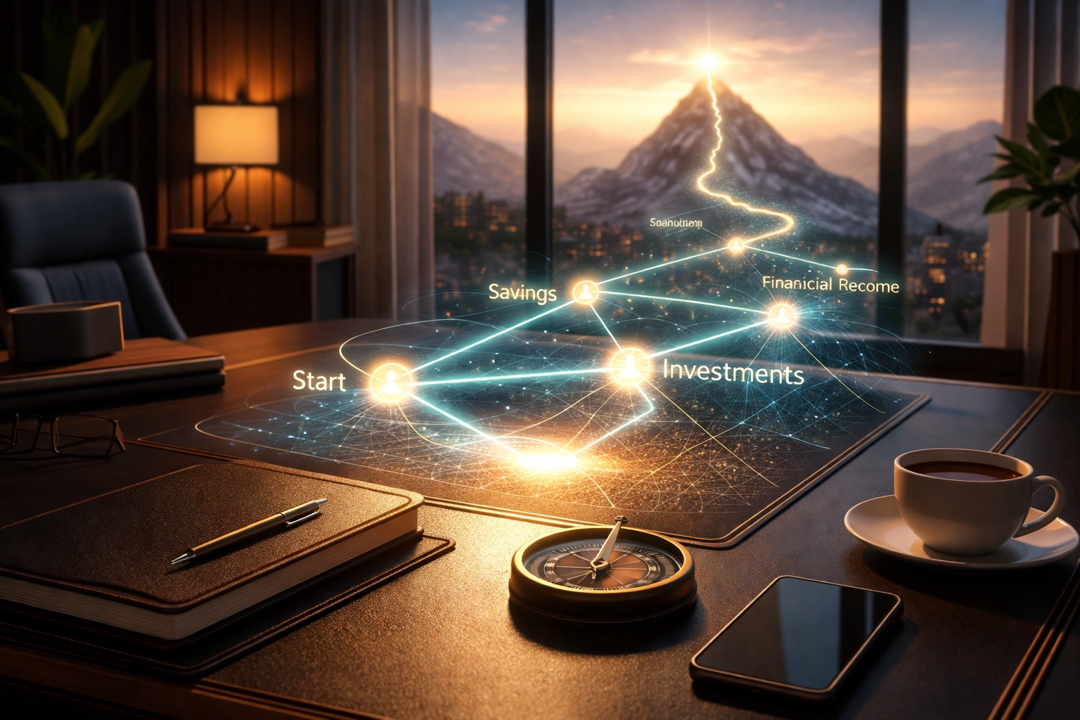 Investor's desk with roadmap symbolizing clear investment goals and strategic portfolio planning