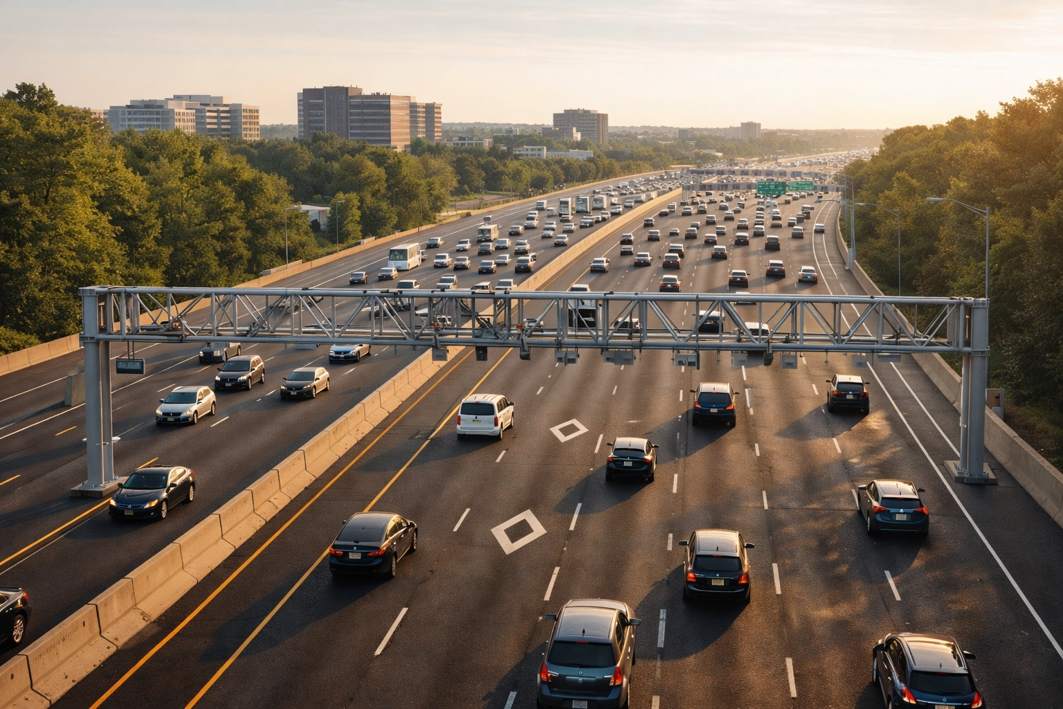 Aerial view of I-66 Express Lanes with toll gantries and traffic in Northern Virginia