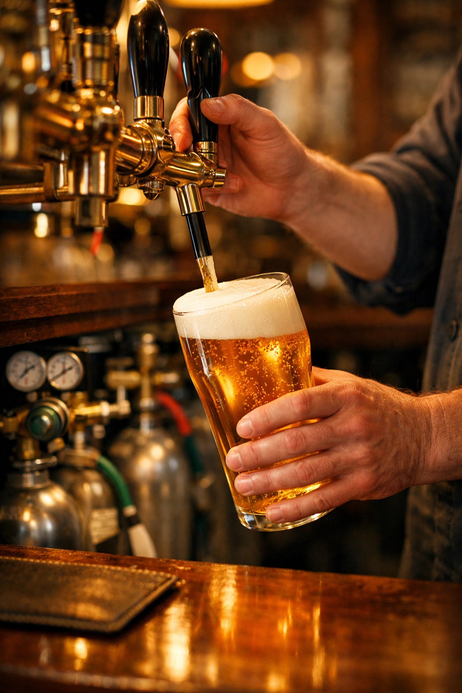 Bartender pouring fresh pint with CO2 cellar gas equipment in traditional British pub