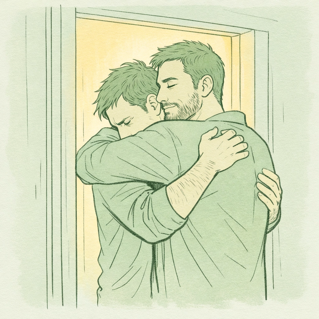 Gay couple embracing in doorway showing emotional support after overcoming first-time intimacy fear