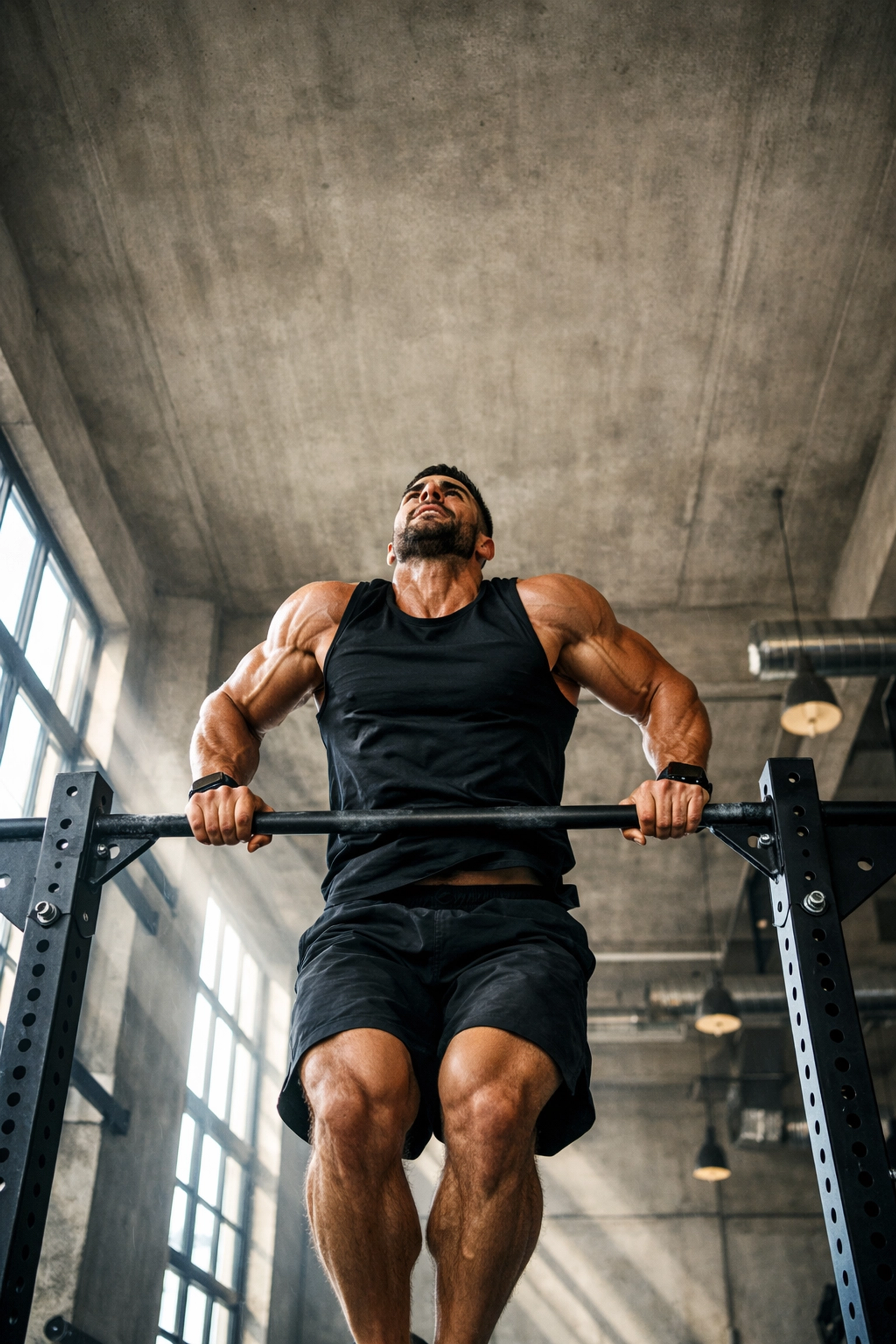 Athlete performing a muscle-up in a home gym with high ceiling clearance for safety.