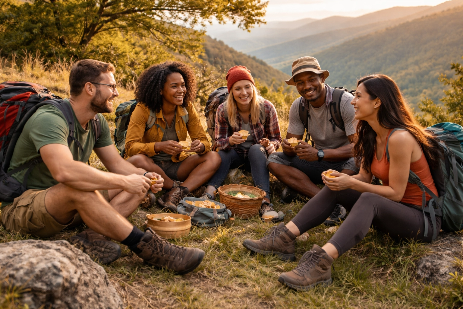 Group of hikers relaxing together on a hillside, building community through British countryside walking tours