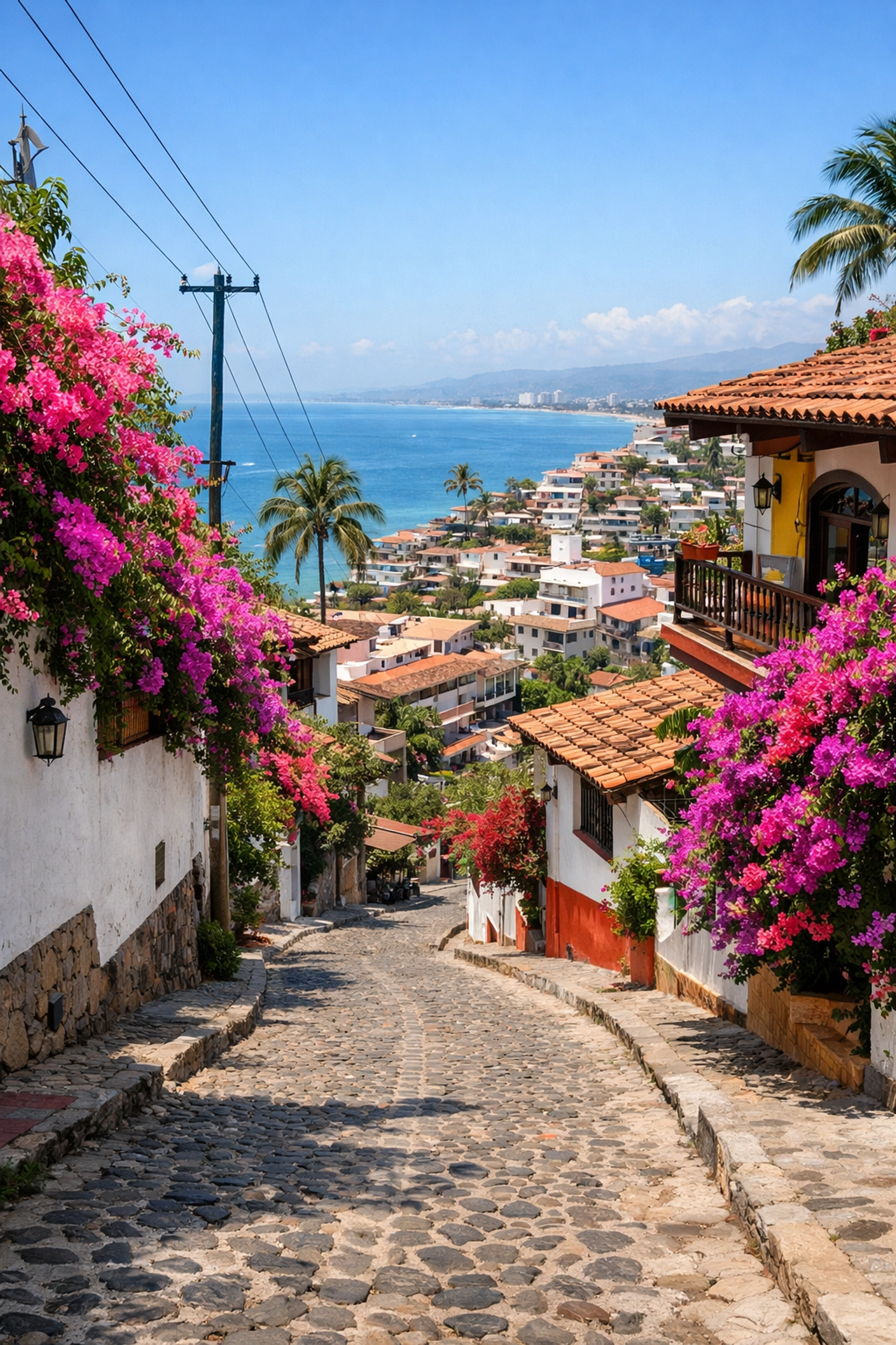 Amapas hillside neighborhood street with bougainvillea and views toward Zona Romantica