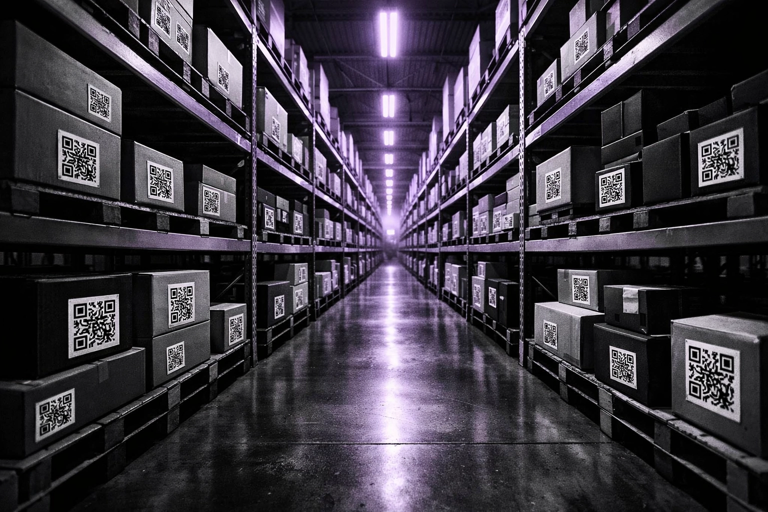 Modern warehouse with products tagged with QR codes for Digital Product Passport compliance