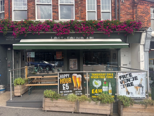 Lost and Found Taproom Exterior showing free venue hire sign