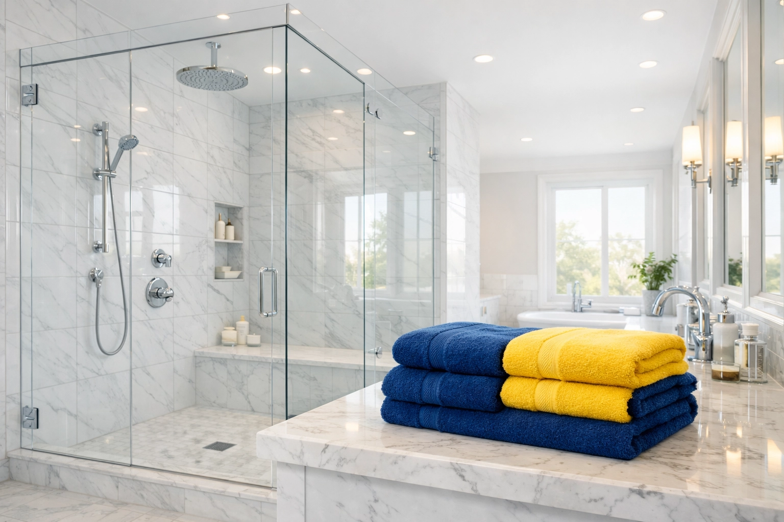 Meticulously disinfected luxury bathroom in Lowell featuring sparkling marble and clean grout.