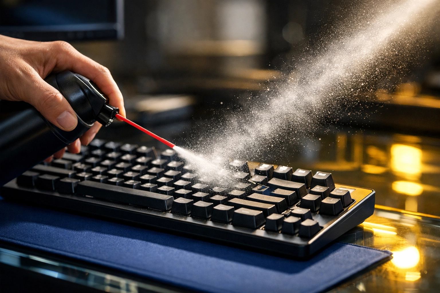 A person using compressed air to remove dust and debris from between keys on a computer keyboard.
