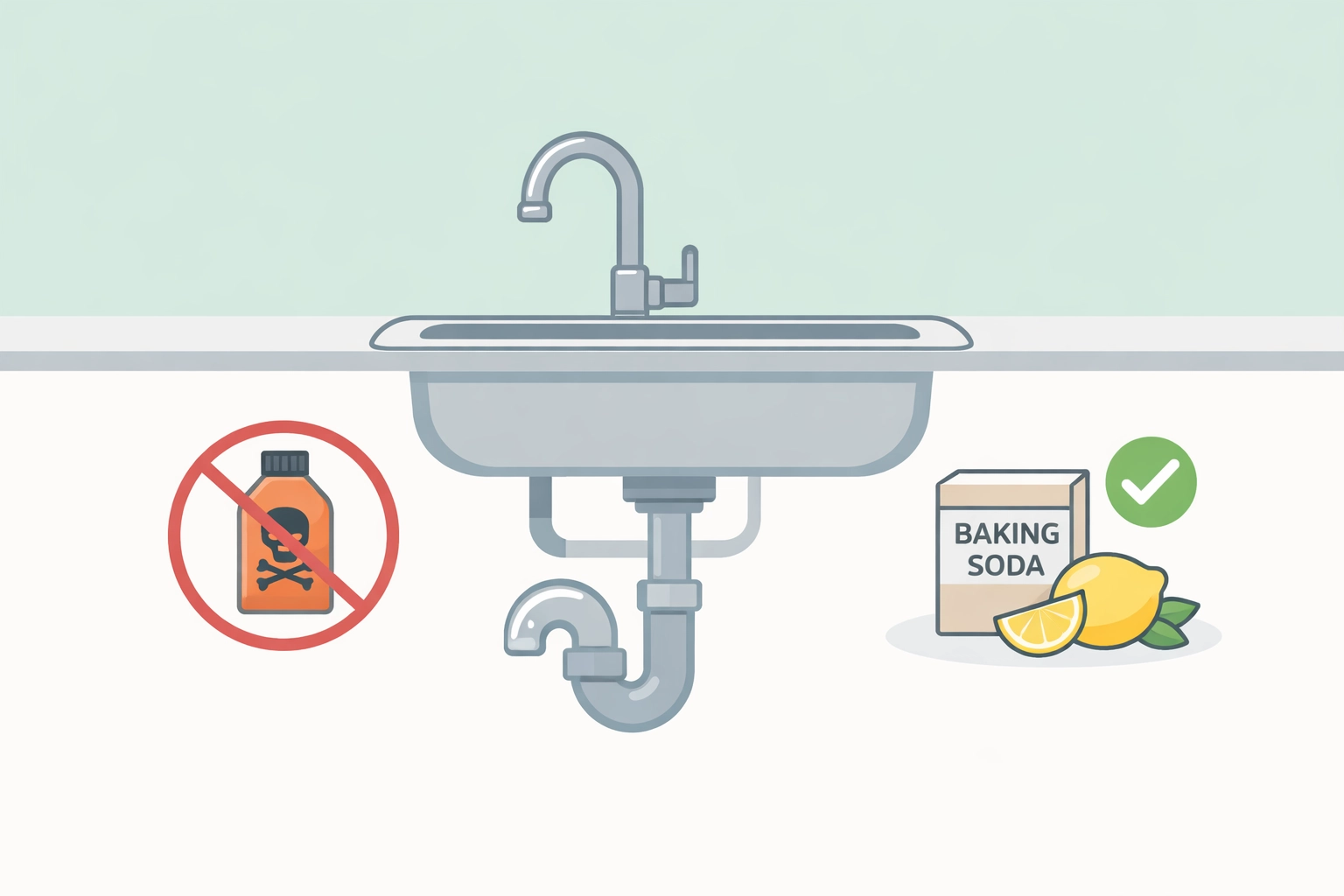 Illustration comparing harsh chemicals vs safe drain cleaning methods to avoid a plumber Adelaide call-out.