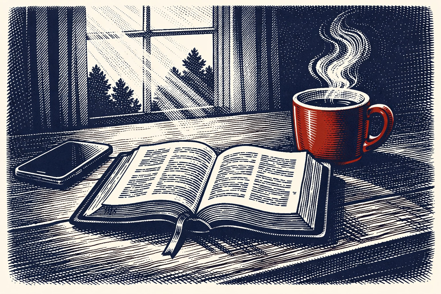 Open Bible on table with phone set aside showing Scripture before news consumption