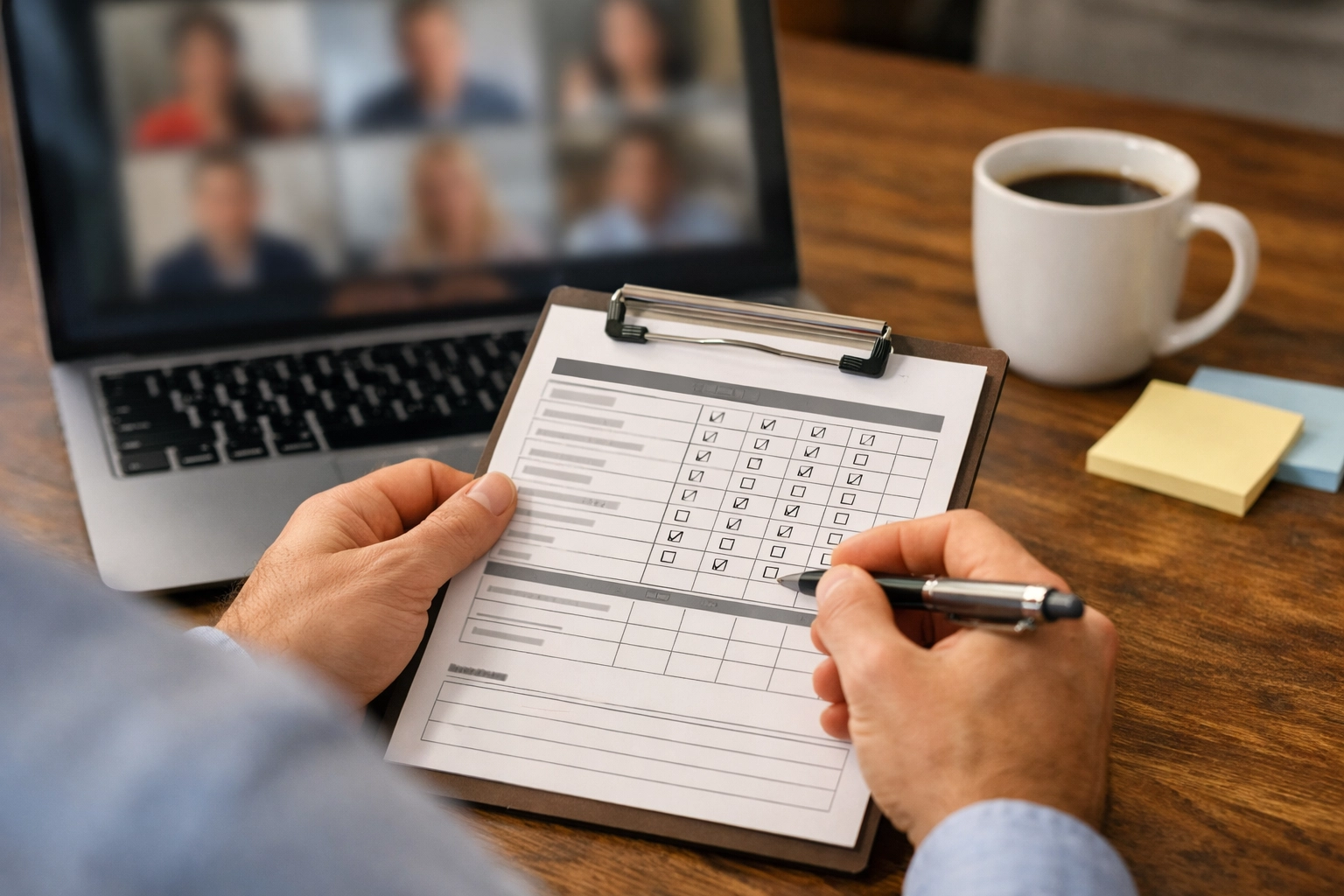 Over-the-shoulder view of a screening checklist and interview notes beside a laptop—hands reviewing details during candidate evaluation.
