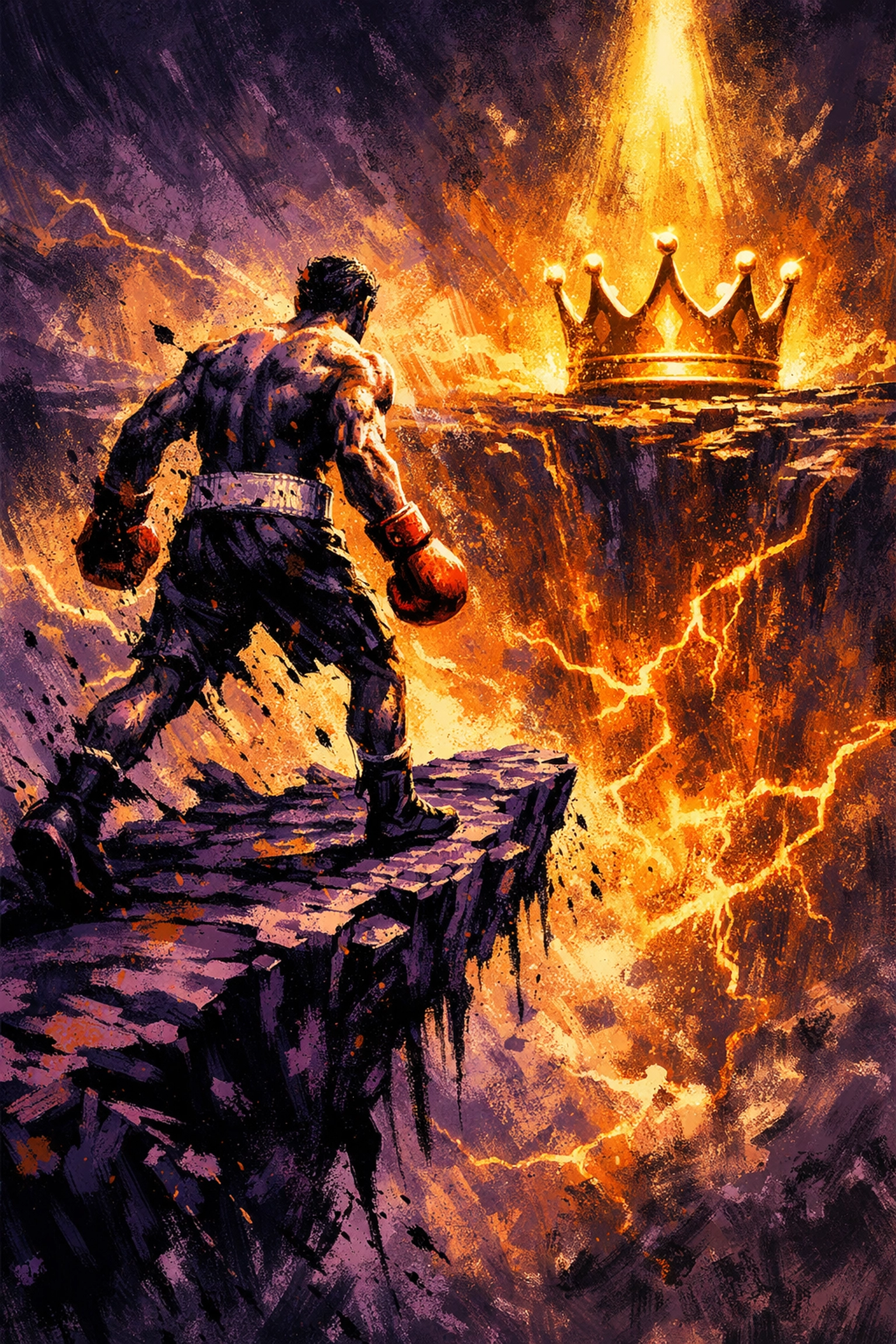 A heavyweight boxer takes a high-stakes gamble on a cliff edge, risking a mega-fight crown.