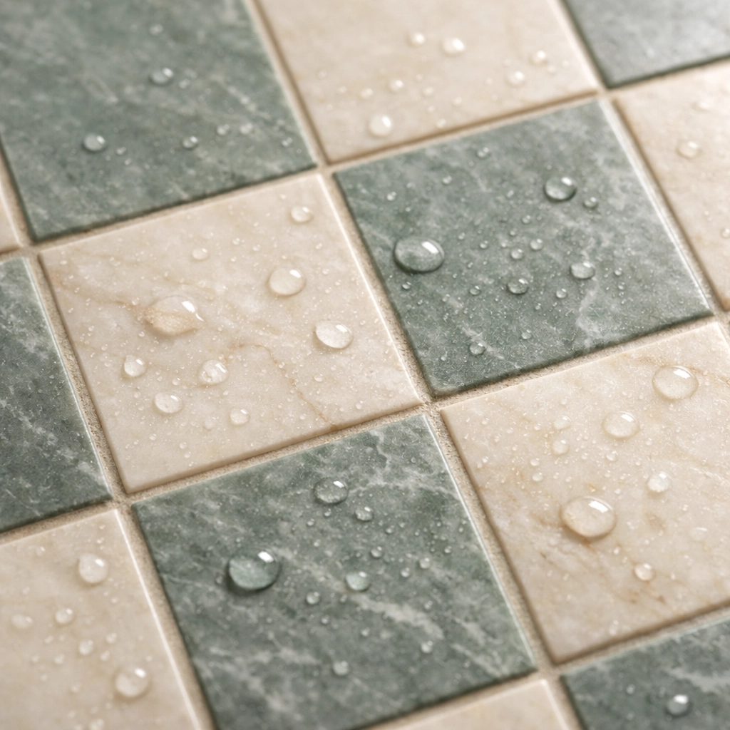 Marble checkerboard tile installation in Orlando bathroom with sage and cream pattern
