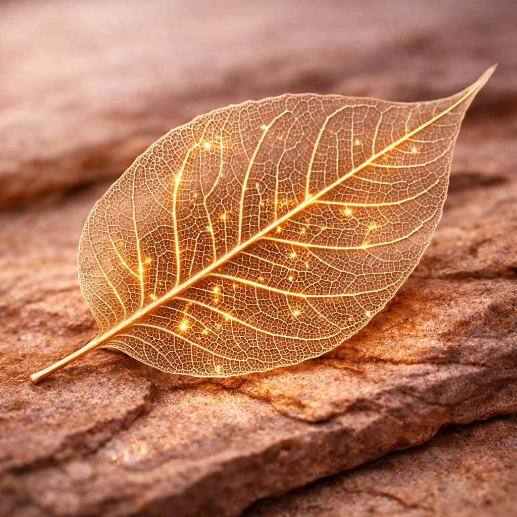 Golden glowing leaf veins on sandstone, representing the physical capacity for nervous system regulation.