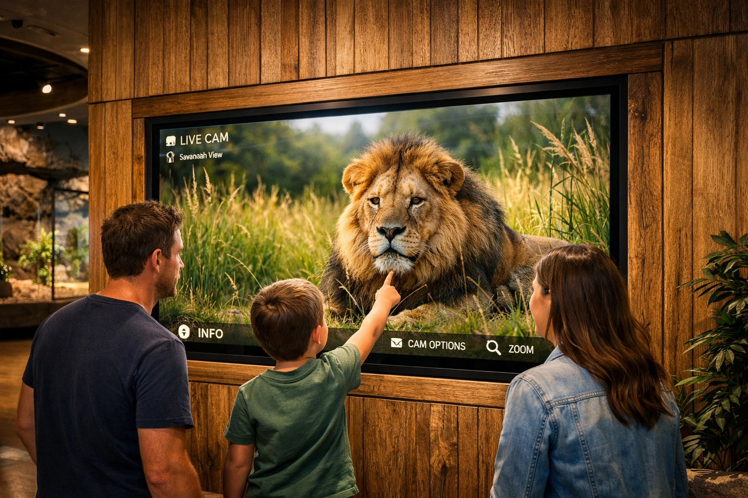 A family interacts with an interactive digital display at a zoo exhibit showing a live lion camera feed.
