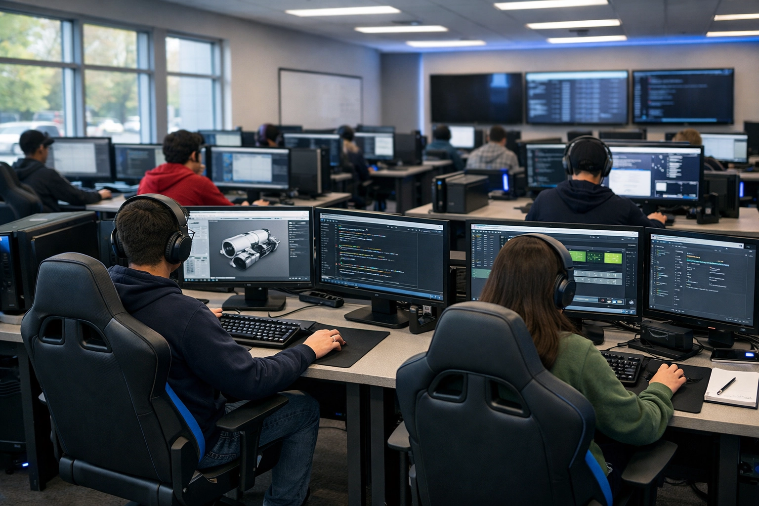 High school esports learning center with students at workstations for workforce development programs