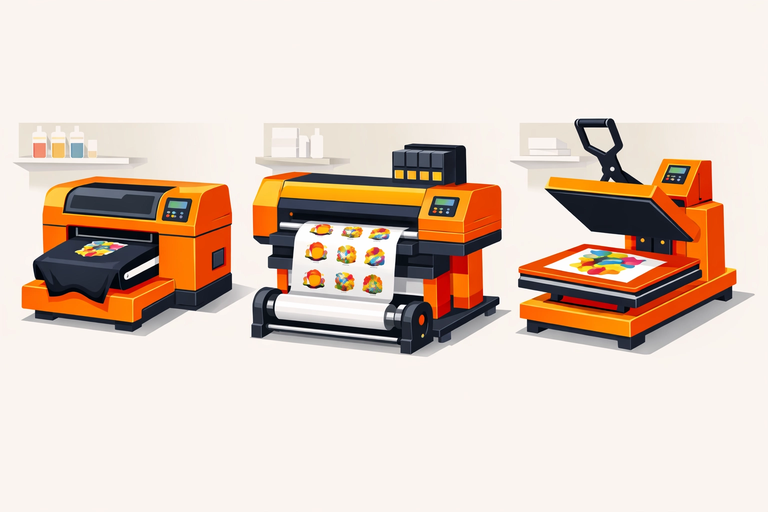 DTG, DTF, and sublimation printing machines side by side comparison