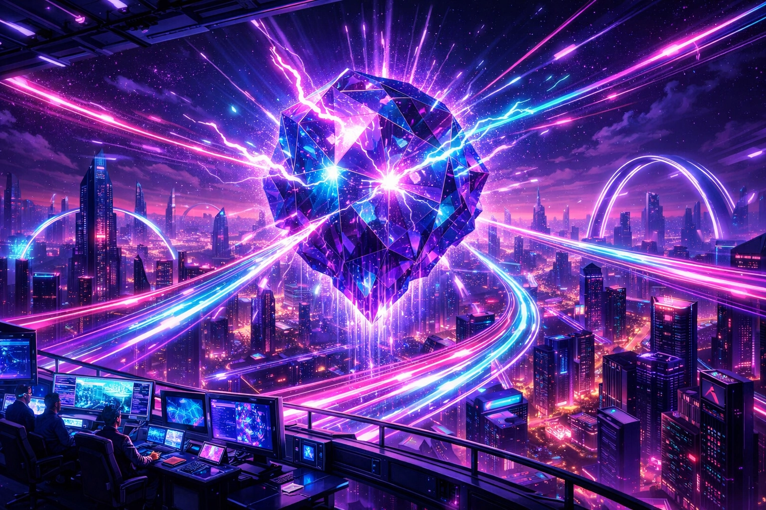 AI core routing payments through a neon Metaverse city, showcasing the future of decentralized commerce.