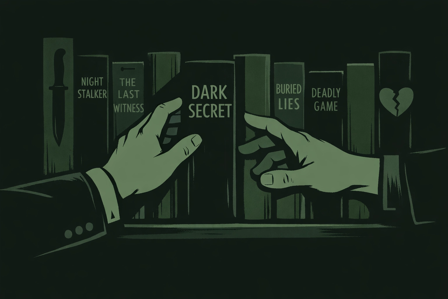 Hands reaching for gay thriller books - MM romance collection featuring murder mystery and suspense