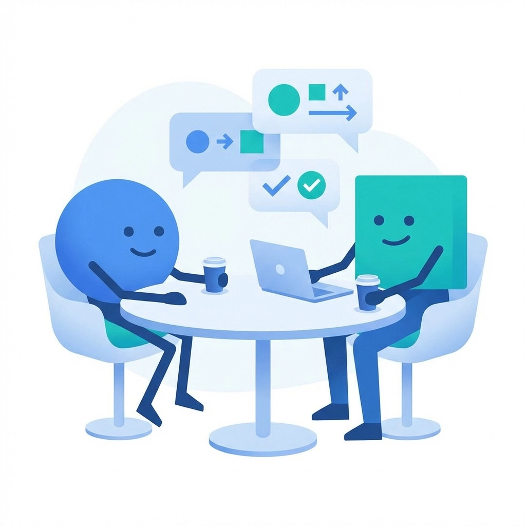 Two people meeting at table, symbolizing initial web design consultation and agency communication