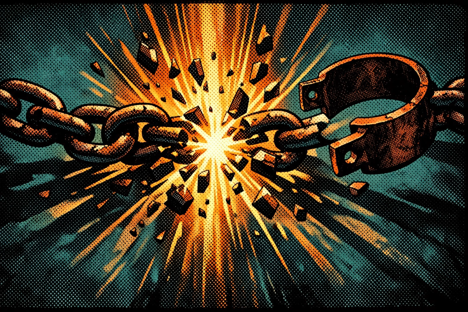 Breaking chains and shackles with golden light, symbolizing the redemption and freedom found in Christ.