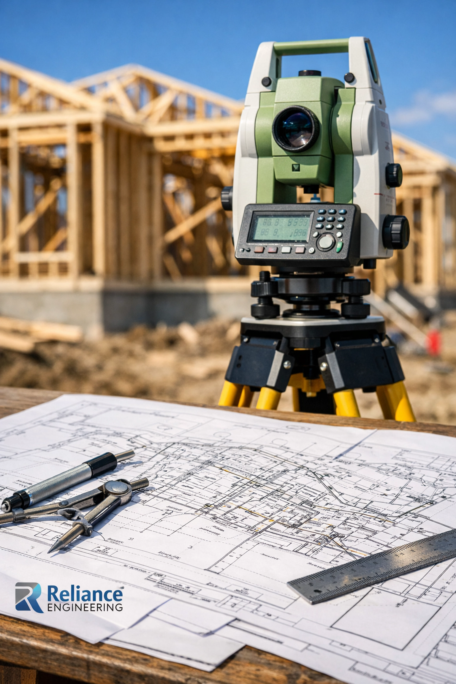 Professional surveying equipment and technical site servicing plans for an Ontario development.